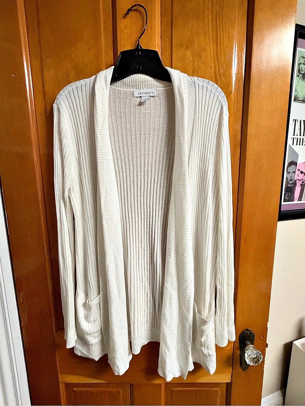 Liz Claiborne Ribbed Open-Front Cardigan with Pockets White Size Large